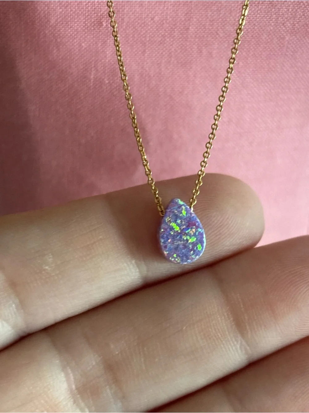 Gold Chain Necklace with Purple Opal Teardrop Pendant